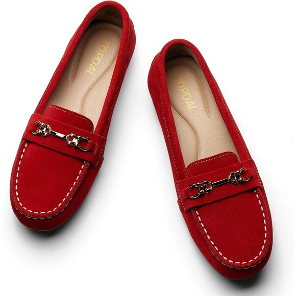 Kordal Women's Red Leather Gold Accent Buckle Slip-Ons Comfortable Loafers - Picture 8 of 9